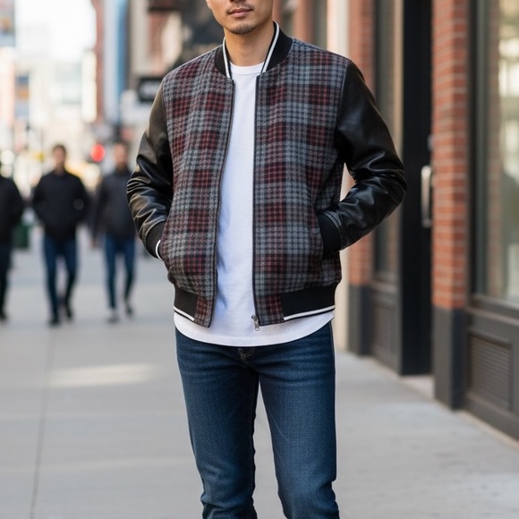 COACH Men’s Wool Leather Varsity Plaid Bomber Full Zip Jacket Size Small